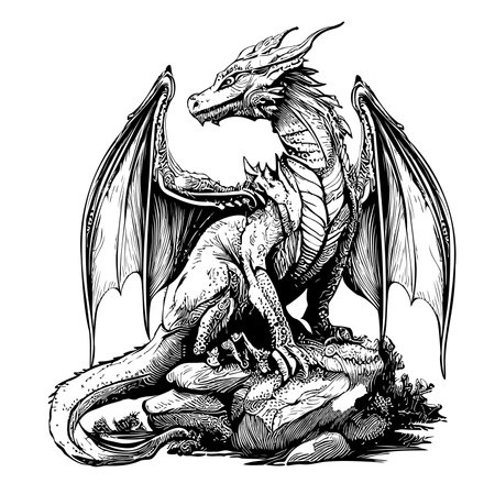 Dragon mystical with wings sketch drawn in doodle style vector illustrationの素材 [FY310213030087]