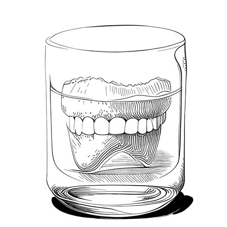 Denture in a glass sketch hand drawn engraving style Vector illustrationのイラスト素材