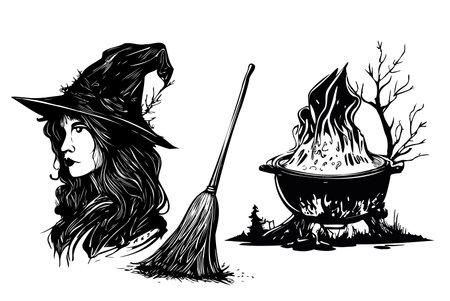 Witch with broom and vat for potion halloween set sketch hand drawn Vector illustrationのイラスト素材