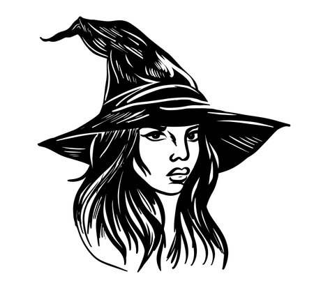 Head of witch in hat Halloween sketch Vector illustrationのイラスト素材