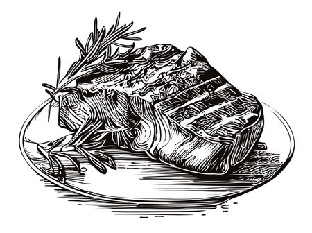 Grilled steak on plate sketch Vector illustration Meat dishのイラスト素材