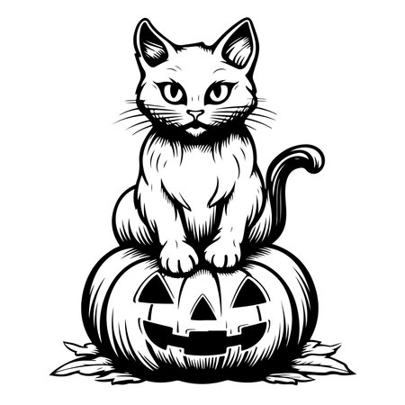 cat with pumpkin hand drawn sketch Halloween Vector illustrationのイラスト素材
