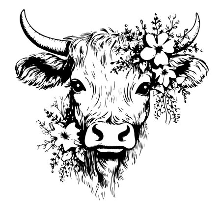 Cow and flowers animal sketch hand drawn Vector illustration Cartoon image Farmingのイラスト素材