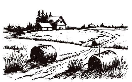 Landscape of a farm on a field with haystacks sketch hand drawn Vector illustration Farmingのイラスト素材