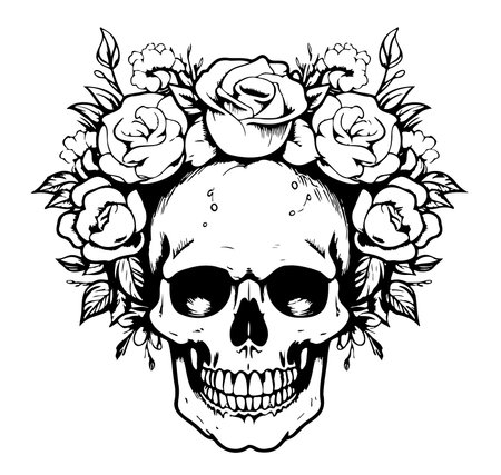 Human skull in floral crown sketch hand drawn Vector illustration Death Dayのイラスト素材