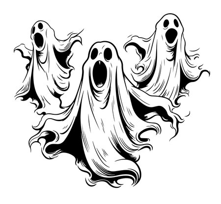 Set of ghosts cartoon sketch hand drawn Vector Halloween illustrationのイラスト素材