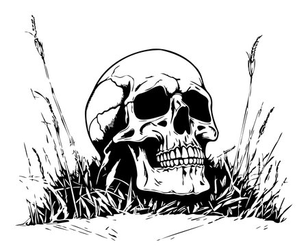 Human skull in grass sketch hand drawn Vector illustration Death Dayのイラスト素材