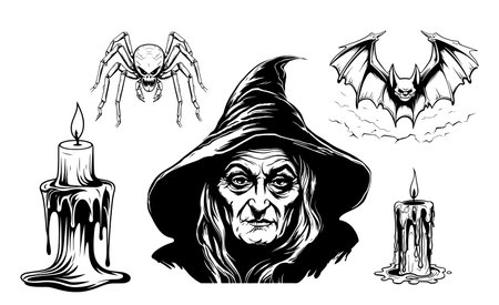 Halloween symbols set sketch hand drawn in comic style .Vector illustration Holiday of the deadのイラスト素材