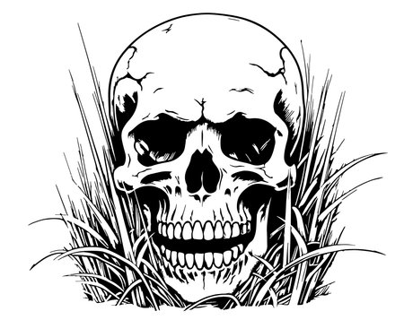 Human skull in the grass sketch hand drawn Vector illustration Death Dayのイラスト素材