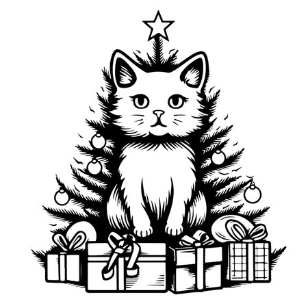 Cat with gifts on the background of a Christmas tree, hand-drawn sketch. Symbol of Christmas and New Year.のイラスト素材