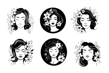 Woman face set Beauty icons set silhouette hand drawn vector illustrationのイラスト素材
