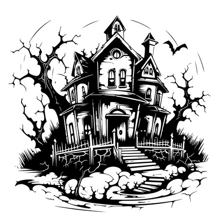 Illustration of silhouette a scary house. Mystical house with monsters and ghost for Halloween. Spooky house. Vector illustration for the storeのイラスト素材
