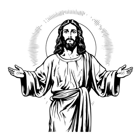God, Jesus christ, grace, good, ascension concept. Hand drawn silhouette of Jesus christ, the son of god concept sketch. Isolated vector illustration.のイラスト素材