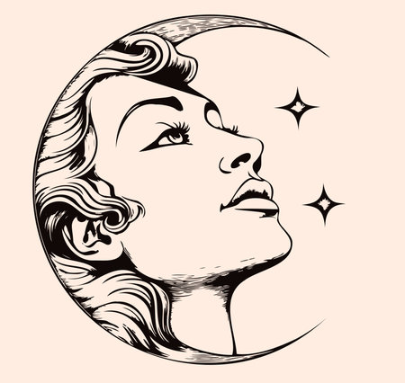 Moon face, Crescent, illustrations in engraving style. Graphic drawings in vector. Vintage pastiche of esoteric and occult signs.のイラスト素材
