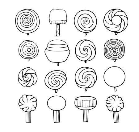 Hand drawn candy set. Doodle sketch style. Set of various elements doodles.のイラスト素材