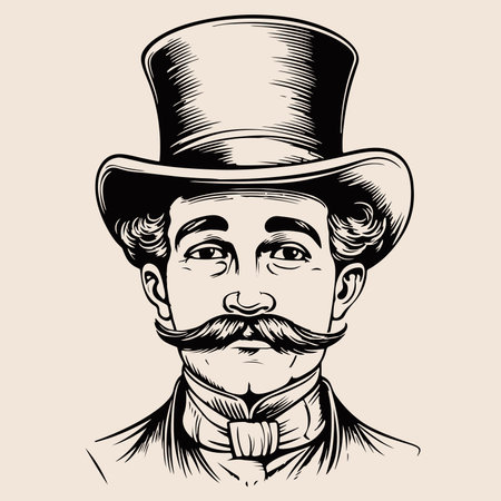 Portrait of an English gentleman with a mustache in a suit and top hat hand drawn sketch Illustration.のイラスト素材