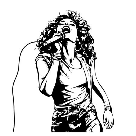 The pretty girl is holding a microphone singing. Hand drawing vector illustration doodleのイラスト素材