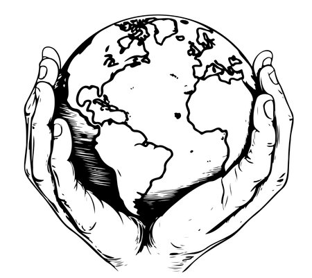 Earth in hands in retro style. Environment concept. Vintage hand drawn sketch vector illustration white background.のイラスト素材
