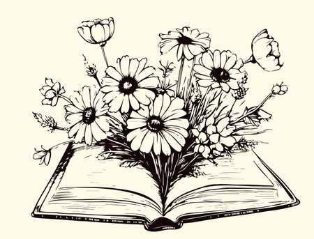 Open book and wildflowers, on white background, book table with flowersのイラスト素材
