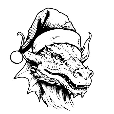 Funny winter character dragon santa in hat.Vector illustration. outline hand drawingのイラスト素材