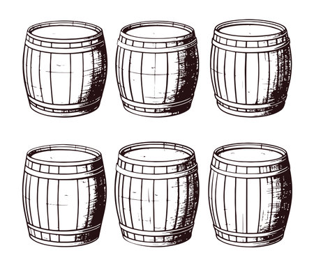 Wooden barrels vintage icons set. Vector hand drawn sketch illustration.のイラスト素材
