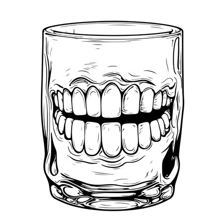 Outlined prosthetic denture teeth inside drinking glassのイラスト素材