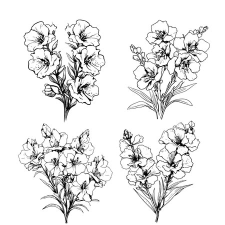 Larkspur. Flower, stem, bud and leaf in black, Floral details in contour style with ornate Delphinium, july birth flower larkspur drawing.のイラスト素材