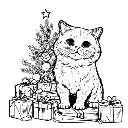Christmas Kitten with Christmas Tree and Gifts Hand Drawn Sketch Vector illustration Catroonのイラスト素材