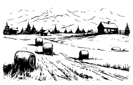 Wheat Fields with Haystacks and Windmillのイラスト素材