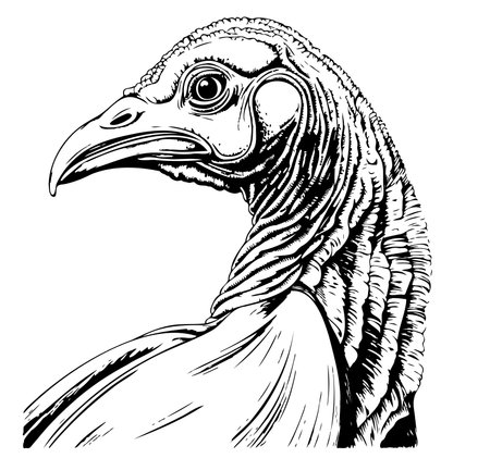 Illustration with turkey head . Graphic drawn bird. Engraving style.のイラスト素材