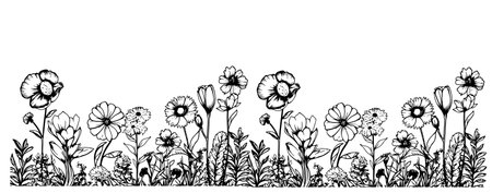 Flowers and herbs border . Vintage meadow grass and plants sketch. Hand drawn vector illustrationのイラスト素材