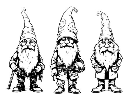 Gnome sketch. Cute garden gnomes scandinavian wizardsのイラスト素材