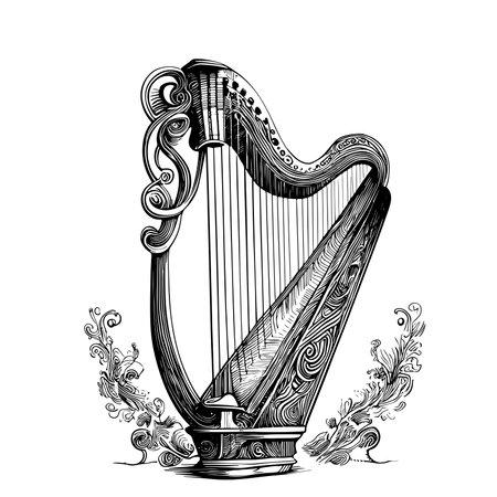 Vintage harp sketch hand drawn engraved style Vector illustration.