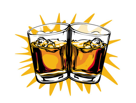 Cinking glasses together with whiskey .Hand drawn style. Alcoholic drinks design. Vector illustrationのイラスト素材