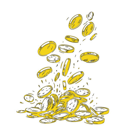 Sketch of falling coins. Set of metal money in different positions. Hand drawn vector illustration isolated on white background.のイラスト素材