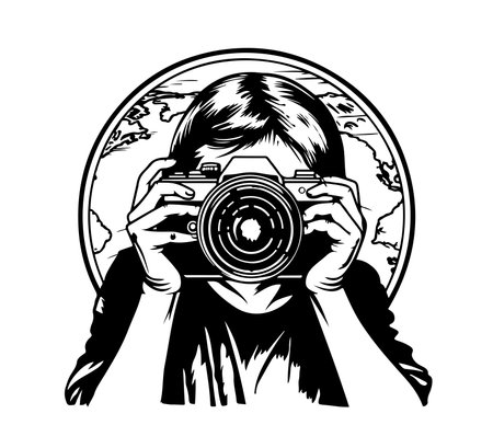 Freehand drawing of photographer shooting on cameraのイラスト素材