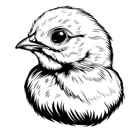 Sketch of cute little chicken. Vector sketch design elements. Hand drawn graphic illustration of little bird, chicken isolated on white background. Ink drawing. Black and white engraved illustrationのイラスト素材