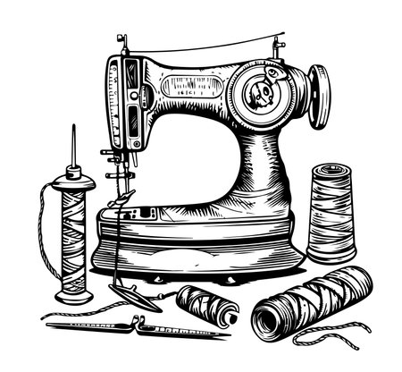 Set of sewing accessories. swing machine Hand drawn sketch. Vector illustration.のイラスト素材