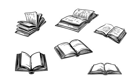 A collection of books sketches.Various books in vintage style. vector design elements. Clipart.のイラスト素材