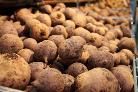Crates with beetroot harvest at marketの写真素材