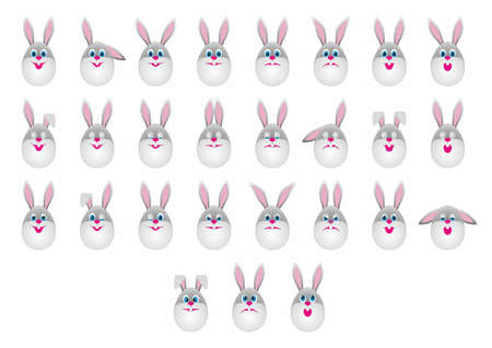 set of different emotions smiles, gray cartoon rabbitsのイラスト素材