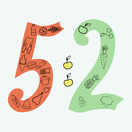 The 5-2 diet hand drawn vector illustrations in doodle style. The diet of two days fasting, five days normal eating.の写真素材