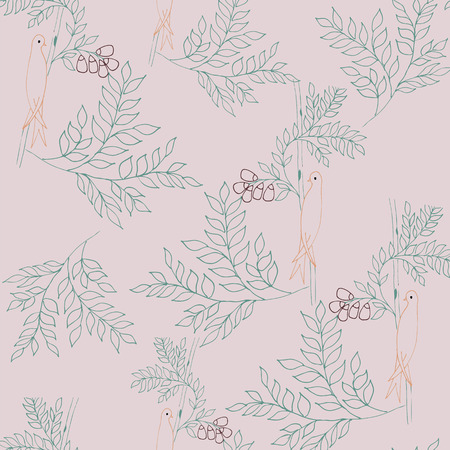 Leaves and birds seamless pattern on a light pink background. Retro seamless pattern wallpaper.の写真素材
