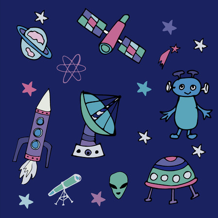 Colorful hand drawn set of space objects and symbols in doodle style. Cartoon vector.の写真素材