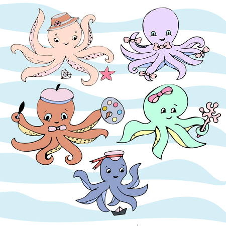 Cute vector ocean set of octopuses. Doodle children drawings. Vector illustration.のイラスト素材