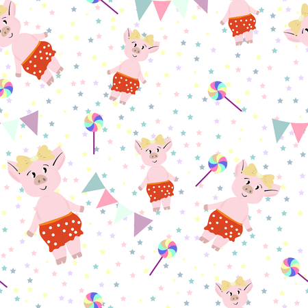 Cute pigs in red pantalones with lollipops seamless pattern , vector illustration.のイラスト素材