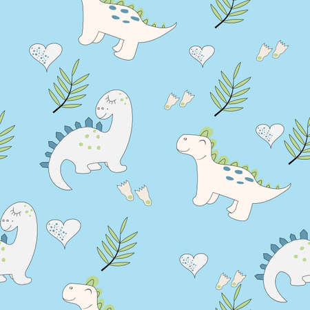 Cute baby dinosaur seamless pattern on the light blue background. Baby cloth design, wallpaper, wrapping. Vector illustration.の写真素材