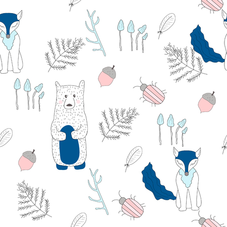 Scandinavian woodland seamless pattern with folk animals bear, fox, trees, mushrooms. Kids design for fabric, textile. Vector Illustration.のイラスト素材