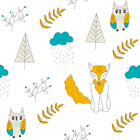 Scandinavian woodland seamless pattern with folk animals bear, fox, trees, mushrooms. Kids design for fabric, textile. Vector Illustration.のイラスト素材