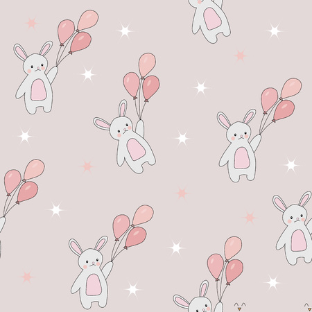 Cute seamless pattern of bunnies. Rabbits flying in the sky with balloons and stars. Vector background for children.の写真素材